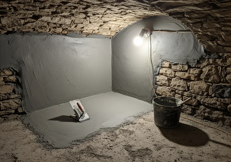 Cuvelage d'une cave en pierre avec enduit de mortier étanche dans une maison de Morlaix