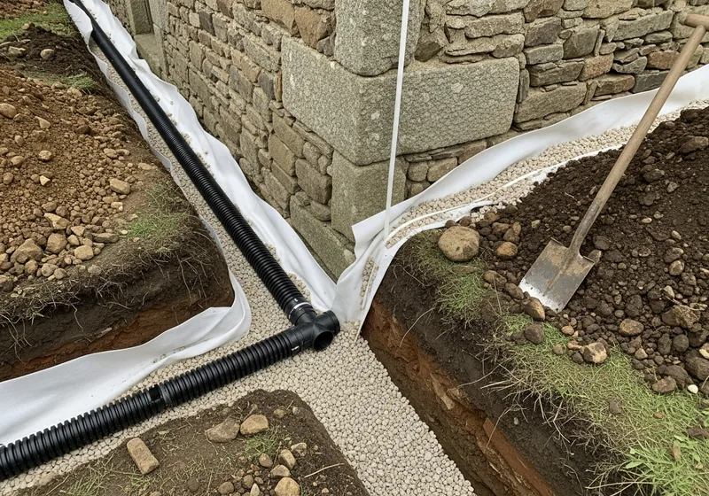 Tranchée de drainage périphérique le long des fondations d'une maison près de Morlaix