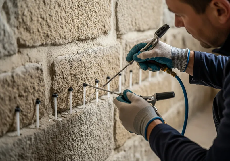 Injection de résine hydrofuge dans un mur en pierre à Morlaix contre les remontées capillaires